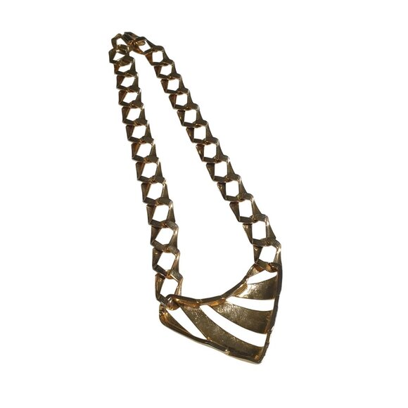 Gold Tone Fashion Necklace Abstract Panel Retro Link Chain Clasp Closure Gift - Picture 5 of 5